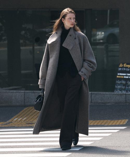 SIOT4177 헤링본 언밸런스 하이넥 코트_Mocha brown