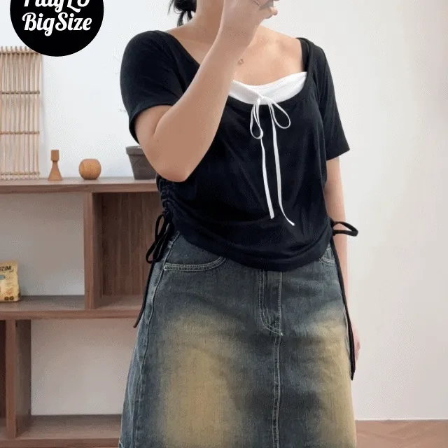 빅사이즈 리본 배색 스트링 셔링 반팔 티셔츠 -3color