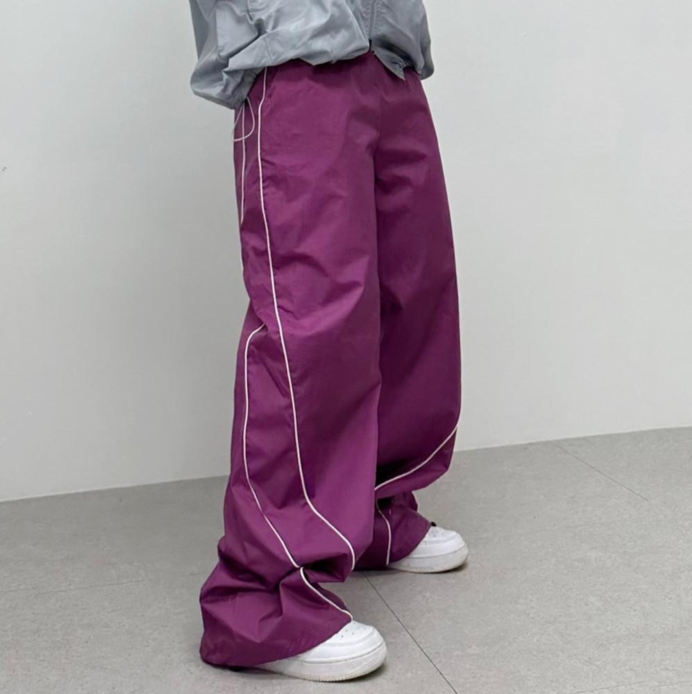 (남녀공용)3컬러 남성 여성 사선 커브 삥줄 트랙 펄 글로시 스트링 와이드 밴딩 팬츠