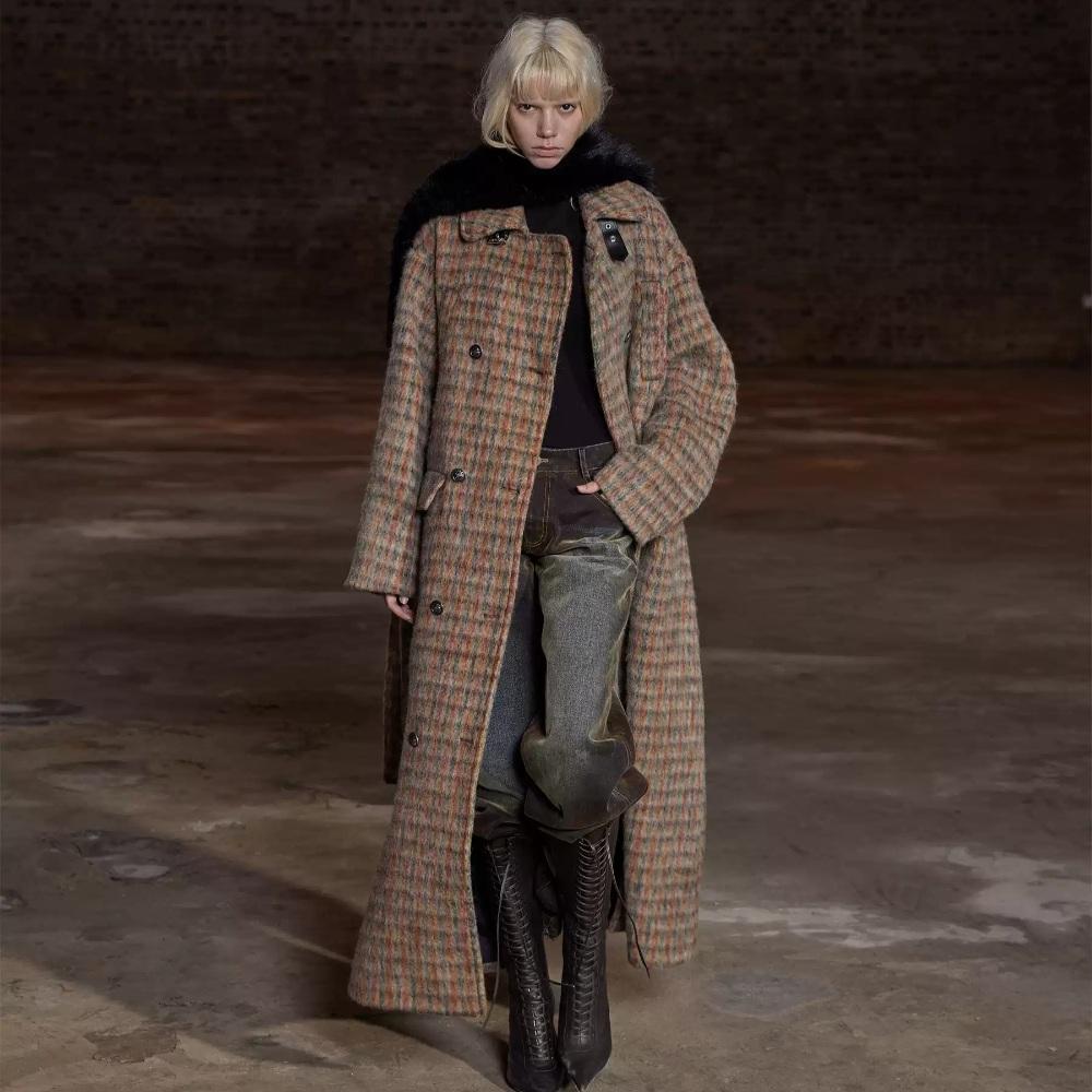 24ans 체크 롱코트 하이넥 오버핏 겨울 울 코트