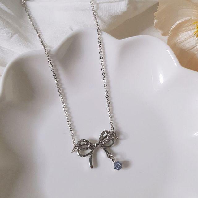 리본 팬던트 드롭 큐빅 목걸이