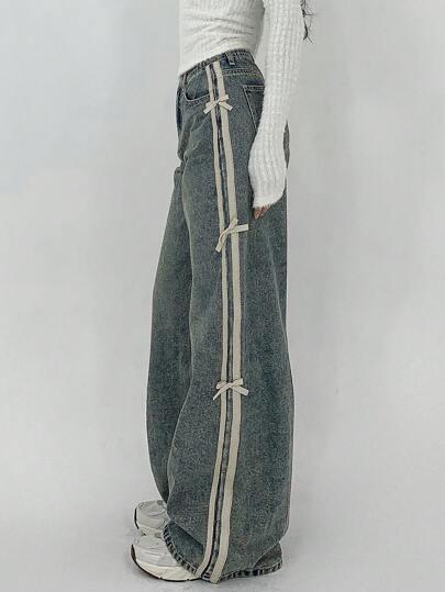 DAZY Women's Ribbon Patchwork Bow Decor Casual Straight Leg Jeans