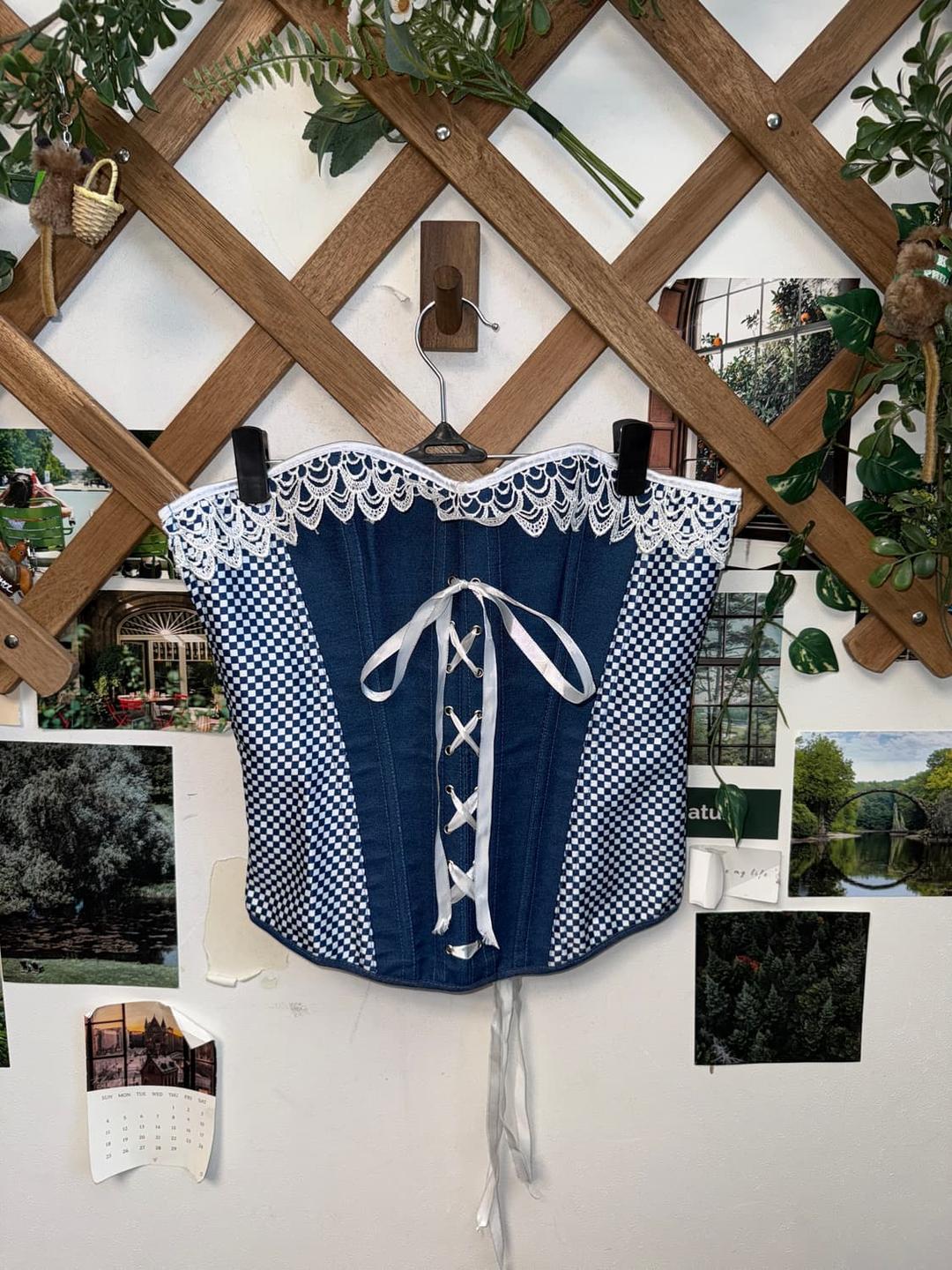 Denim lace checkerboard ribbon corset | 후루츠패밀리