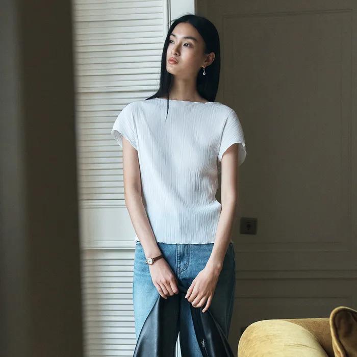 SITP5272 반팔 버튼 플리츠 탑_White