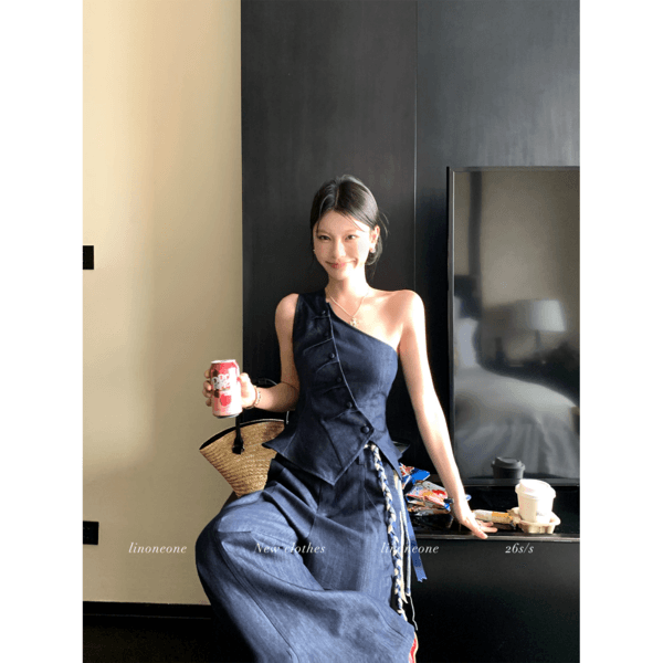 LIN Old Street Chic Off-Shoulder Denim Top Wide-Leg Trousers Set