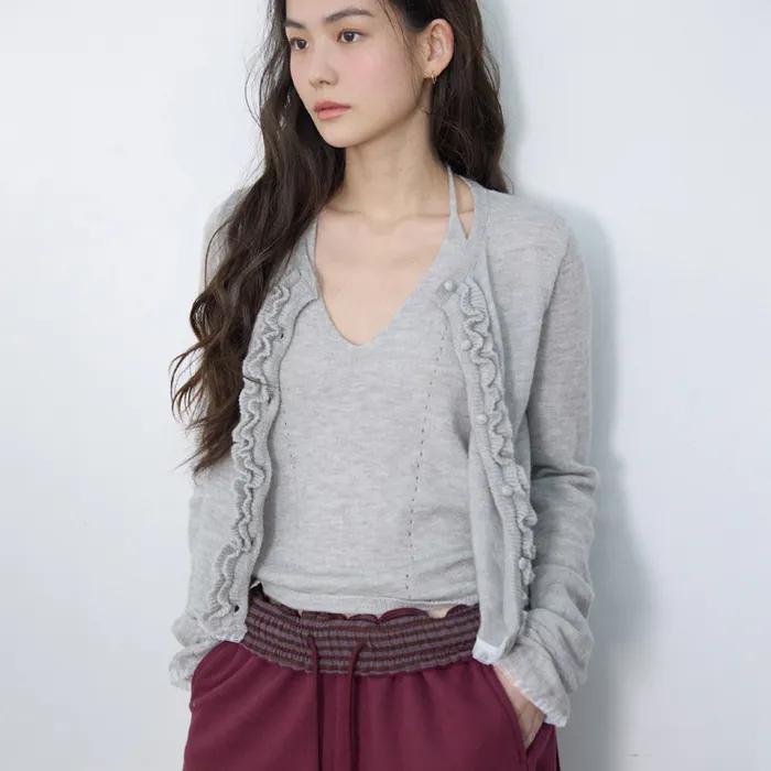 Lace Ruffle Cardigan Set Melange grey