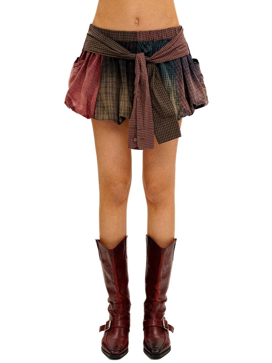 MOROMORO2 Patchwork Plaid Tulip Miniskirt