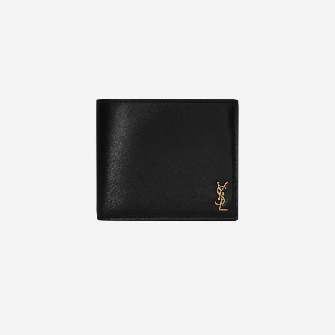 Saint Laurent Tiny Cassandre East/West Wallet in Shiny Leather Black