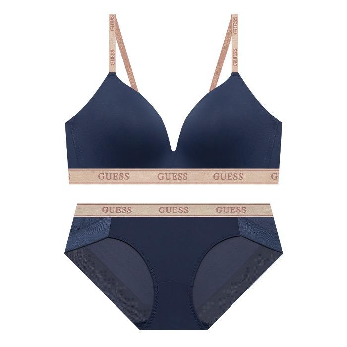 로즈골드 밴딩 와이어프리 브라팬티세트 - 네이비