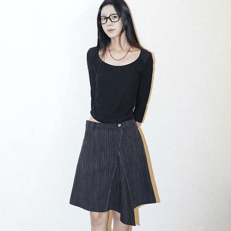 [EEUM] stripe denim midi skirt