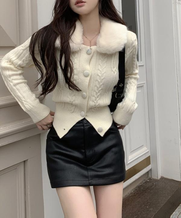 베이비 퍼 카라 세미크롭 가디건