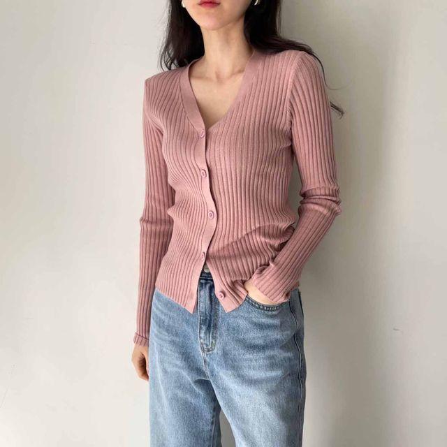 (기획) 슬림핏 골지 브이넥 버튼 니트 가디건 6color