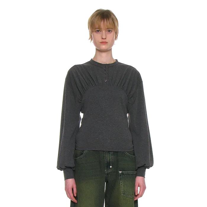 SHIRRING HENLEY NECK LONG SLEEVE TEE_CHARCOAL MELANGE