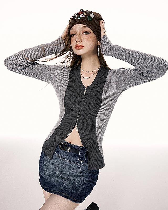 I'MONE 니트 집업 탑 (그레이)