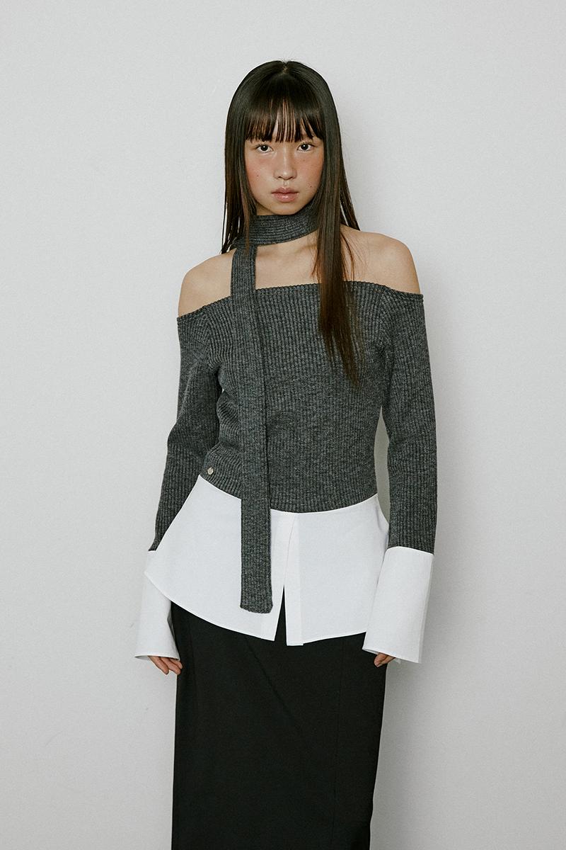 layered shirt off shoulder top (charcoal)