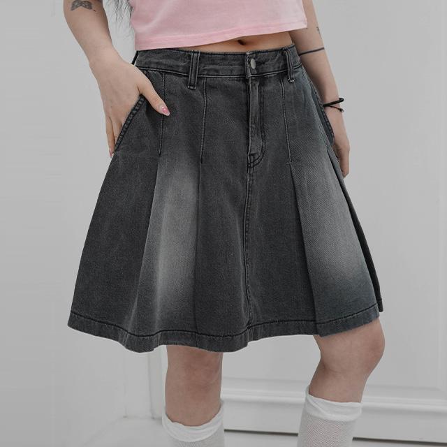 데님 플리츠 미디스커트