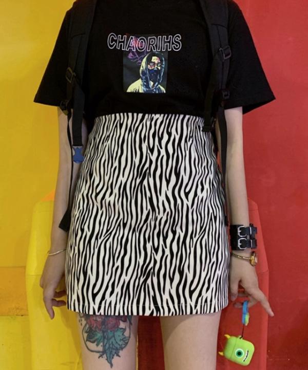 지브라 패턴 하이웨스트 일자 미니스커트 (블랙) #유니크