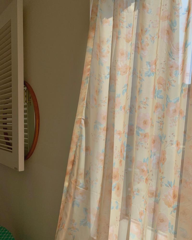 peach yellow curtain 플라워 쉬폰 오렌지 옐로우 빈티지 레트로