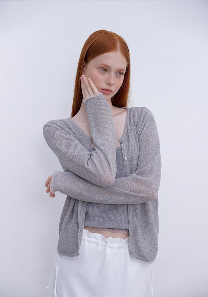 LACE FRILL CARDIGAN & SLEEVELESS SET-GRAY