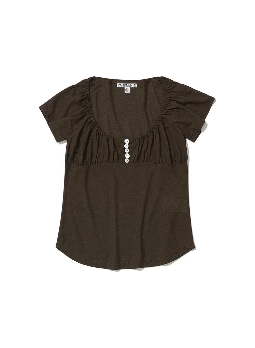 [WOMEN] BUTTON-UP GATHERING TOP_BROWN