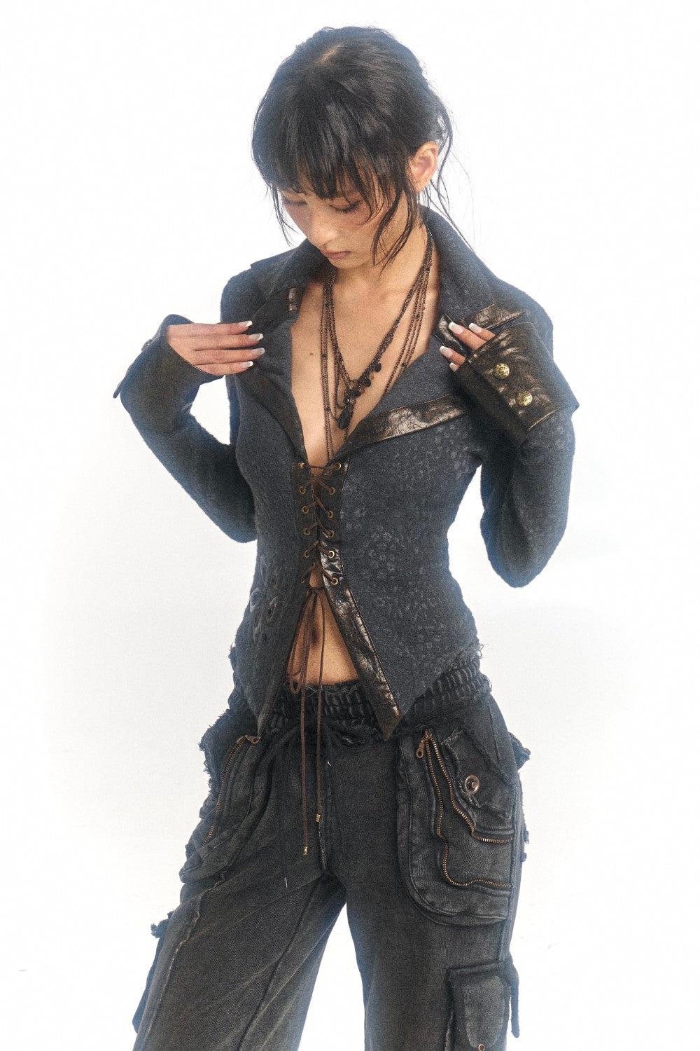 Embroidered Lace-Up Cardigan - Gray / S