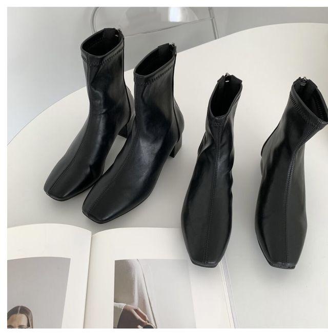 [진짜편해요!!/5cm] 발편한 통굽 스판 레더 스퀘어 삭스 앵클부츠_미우블랑