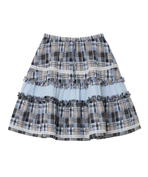 Lace Trim Ruffled Check Skirt [Blue]
