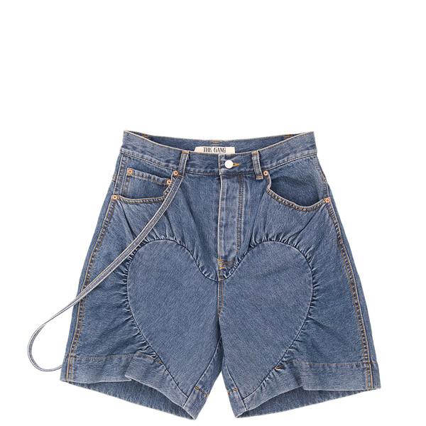 HEART GATHERED BOYFRIEND SHORTS - MEDIUM WASHED BLUE DENIM