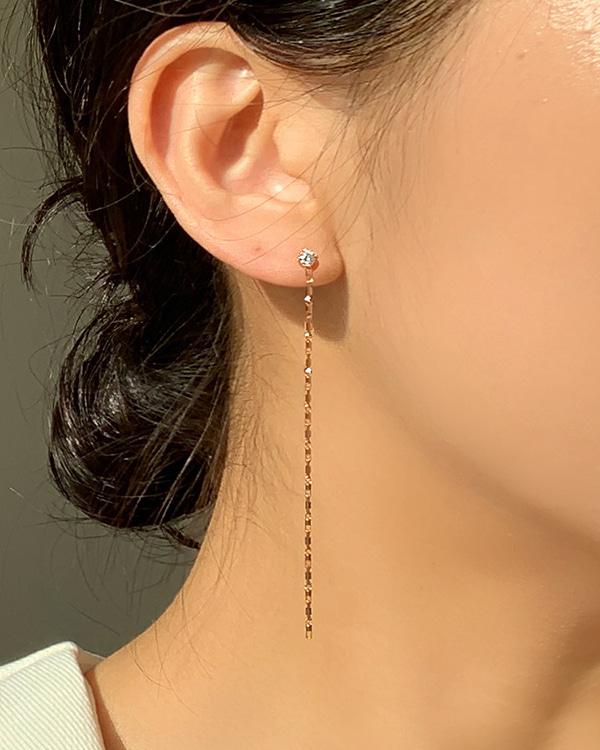 [무배] 실버925 큐빅 각진 스틱 체인 드롭 귀걸이