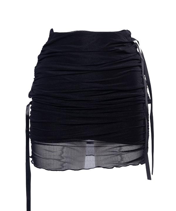 슬림핏 사이드 새틴 스트링 시스루 메쉬 셔링 미니스커트