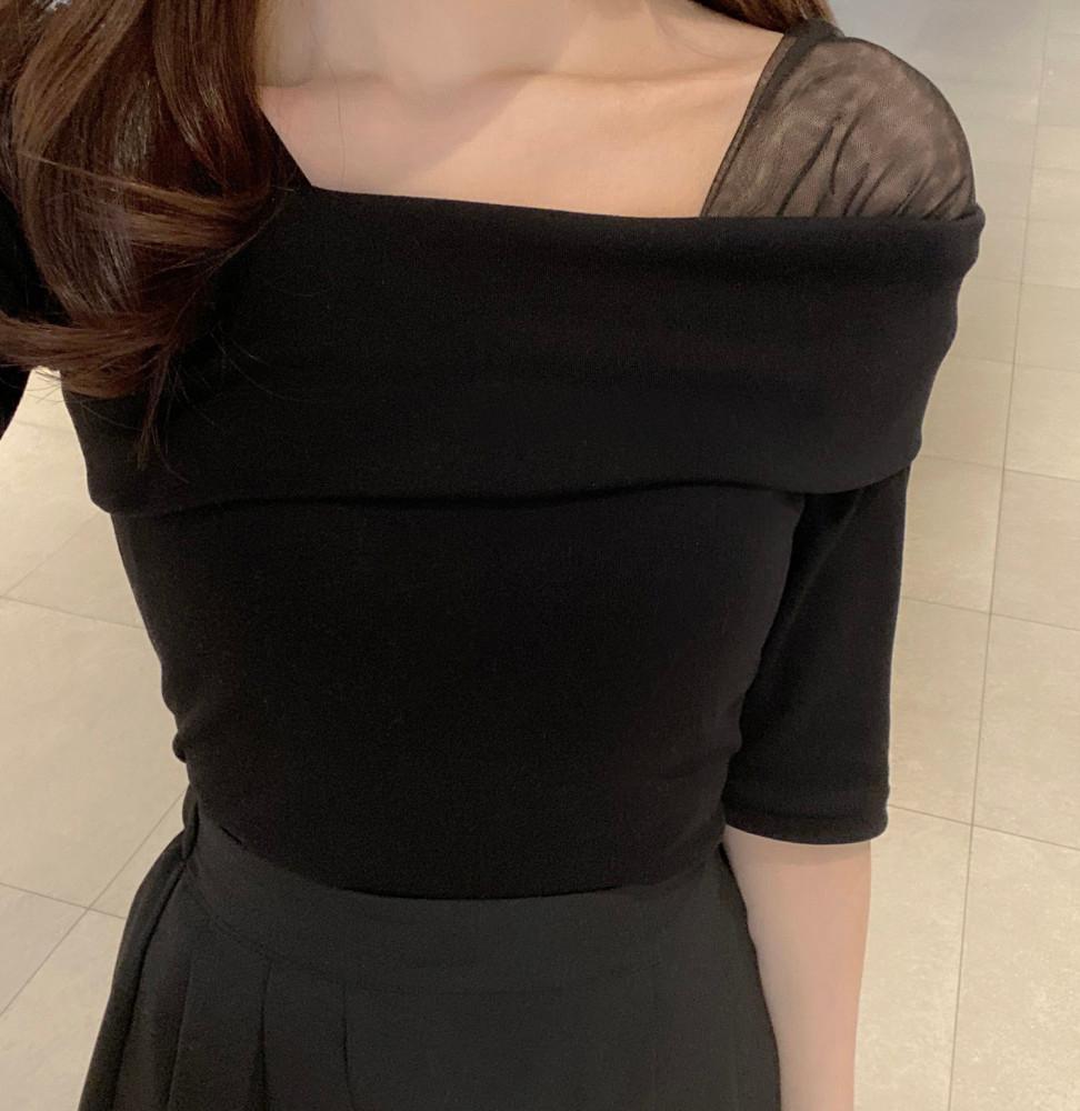 7부 언발 망사 셔링 시스루 오프 티셔츠