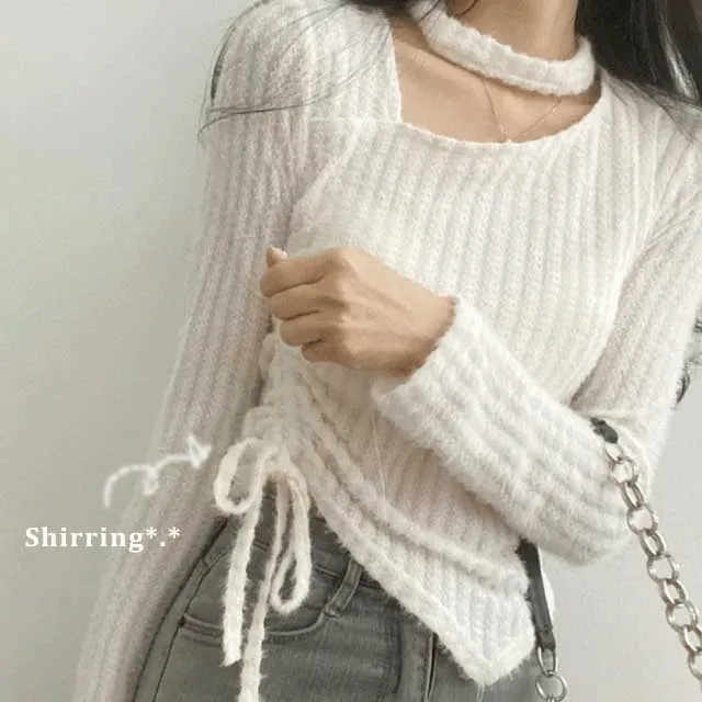 [3color]언발 초커 스트링 셔링 니트