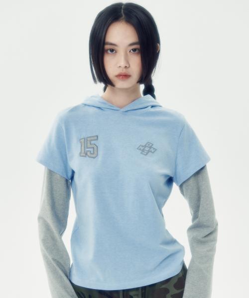 레이어드 슬리브 후드 티 [스카이 블루]