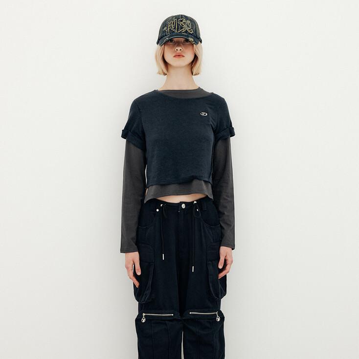 SHORT SLEEVE LAYERED ROUND T-SHIRT - NAVY/GRAY