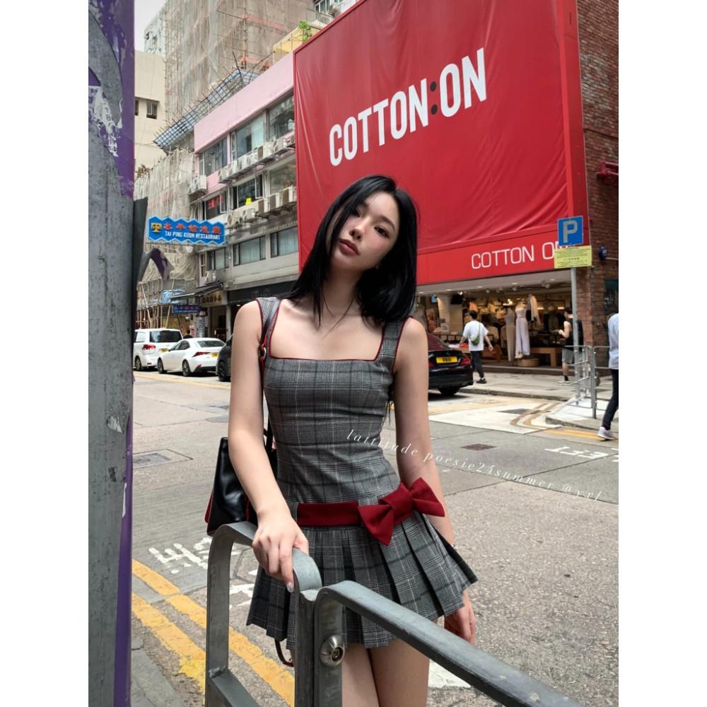스퀘어넥 체크 리본 미니 플리츠 원피스