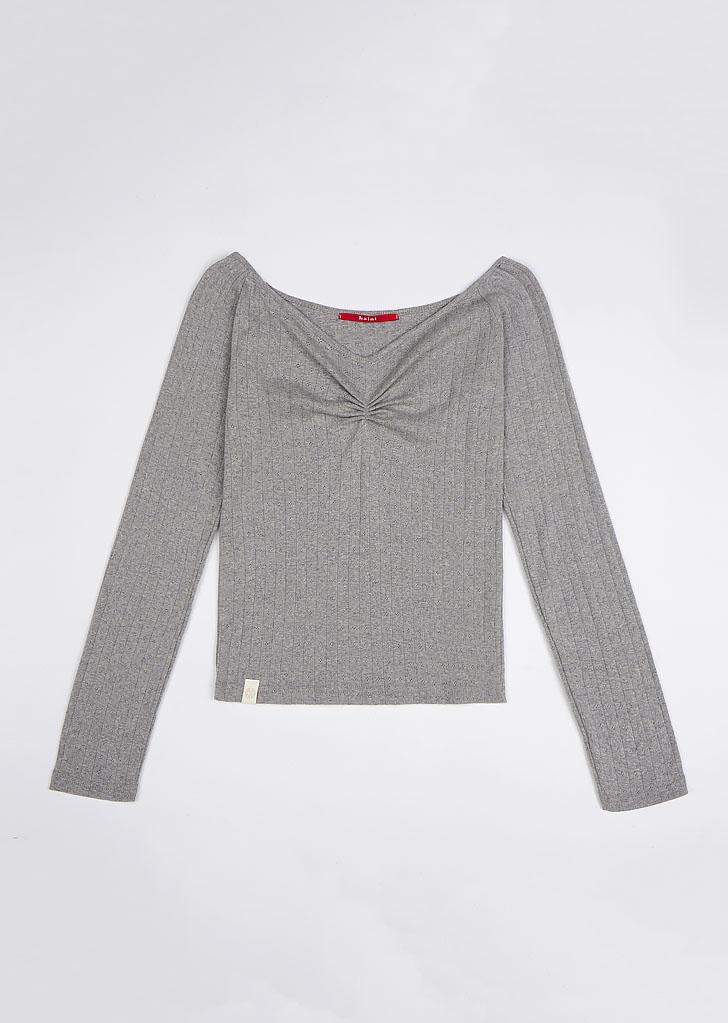 PUNCHING SHIRRING V-NECK TOP_2COLORS_GRAY