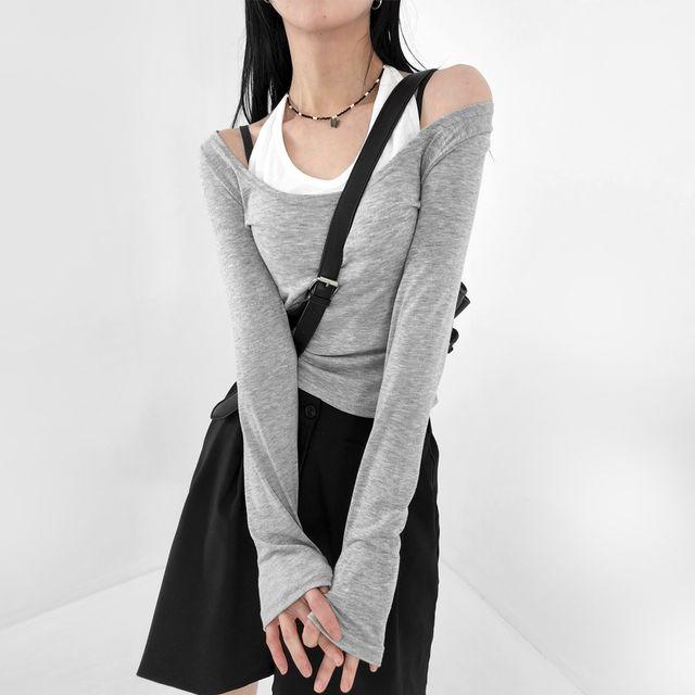 레이어드 U넥 오프숄더 데일리 여름 긴팔티셔츠