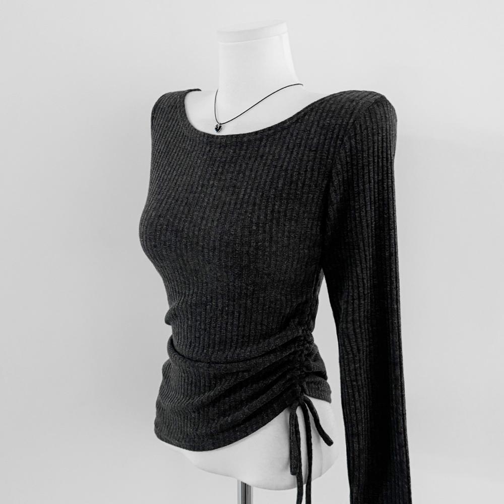 슈체 날씬/여리핏🖤오프숄더 보트넥 셔링 스트링 슬림핏 골지 티셔츠