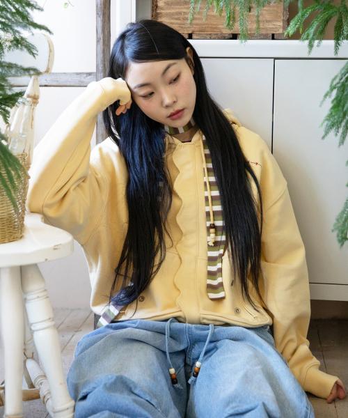 WXJ043 요하쿠 물결 아일렛 후드 집업 (CREAM YELLOW)