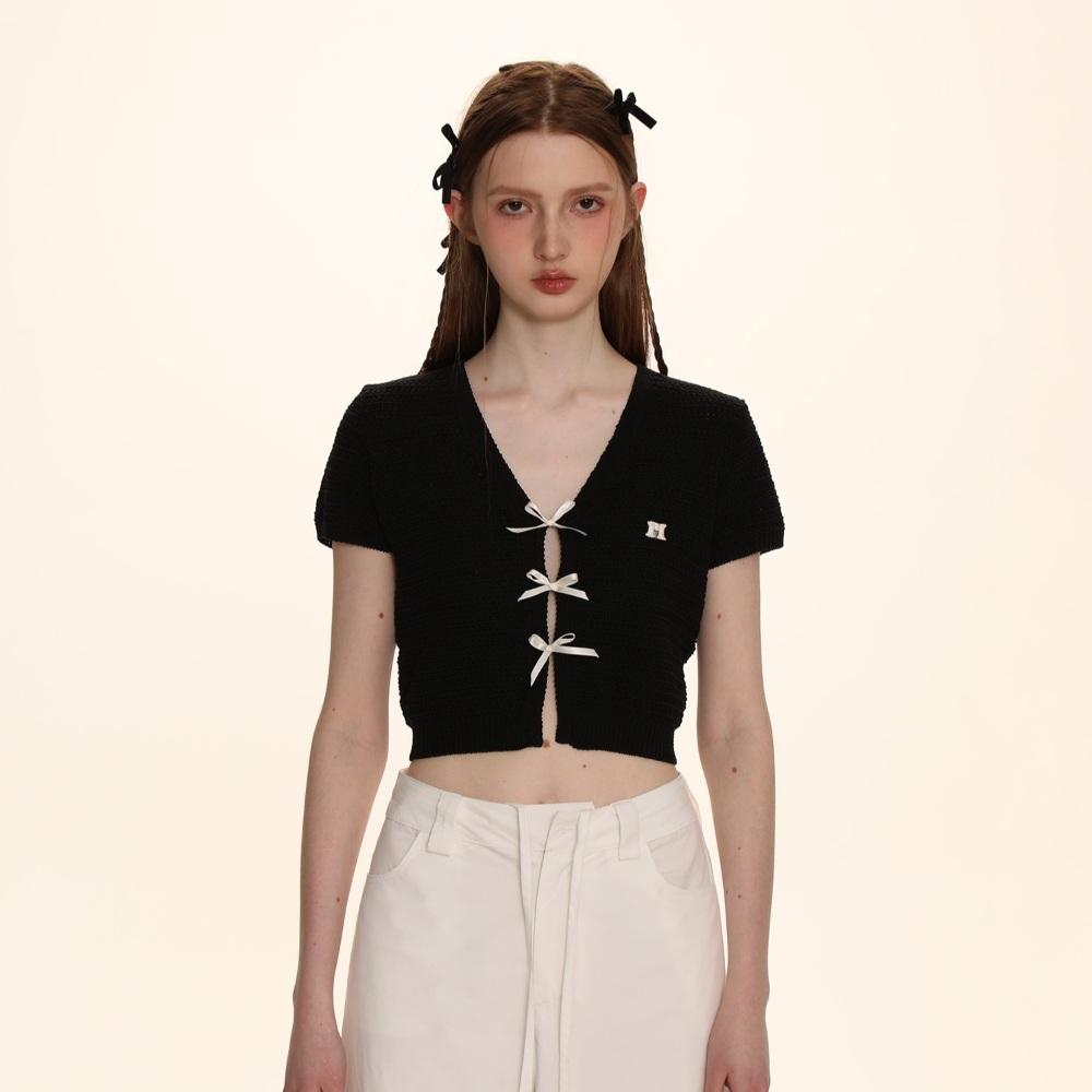 MOROMORO2 모로모로 리본 크롭니트 볼레로 브이넥 숏 가디건