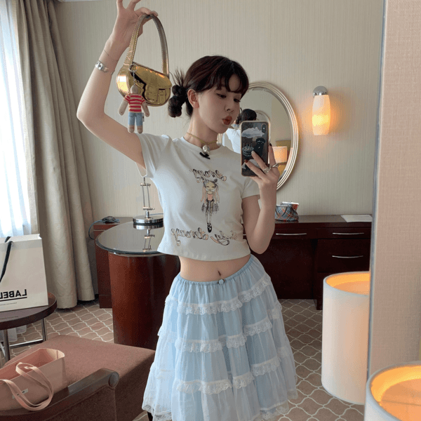 LRIB Light Blue Touching Lace Layered Half-Sleeve Skirt