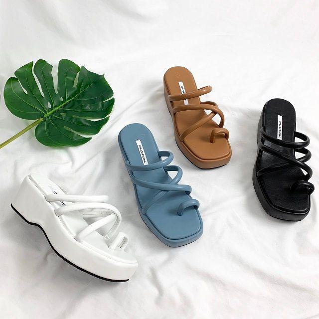 스퀘어 통통 쿠션 엄지 쪼리 스트랩 웨지 통굽 슬리퍼 샌들 6cm