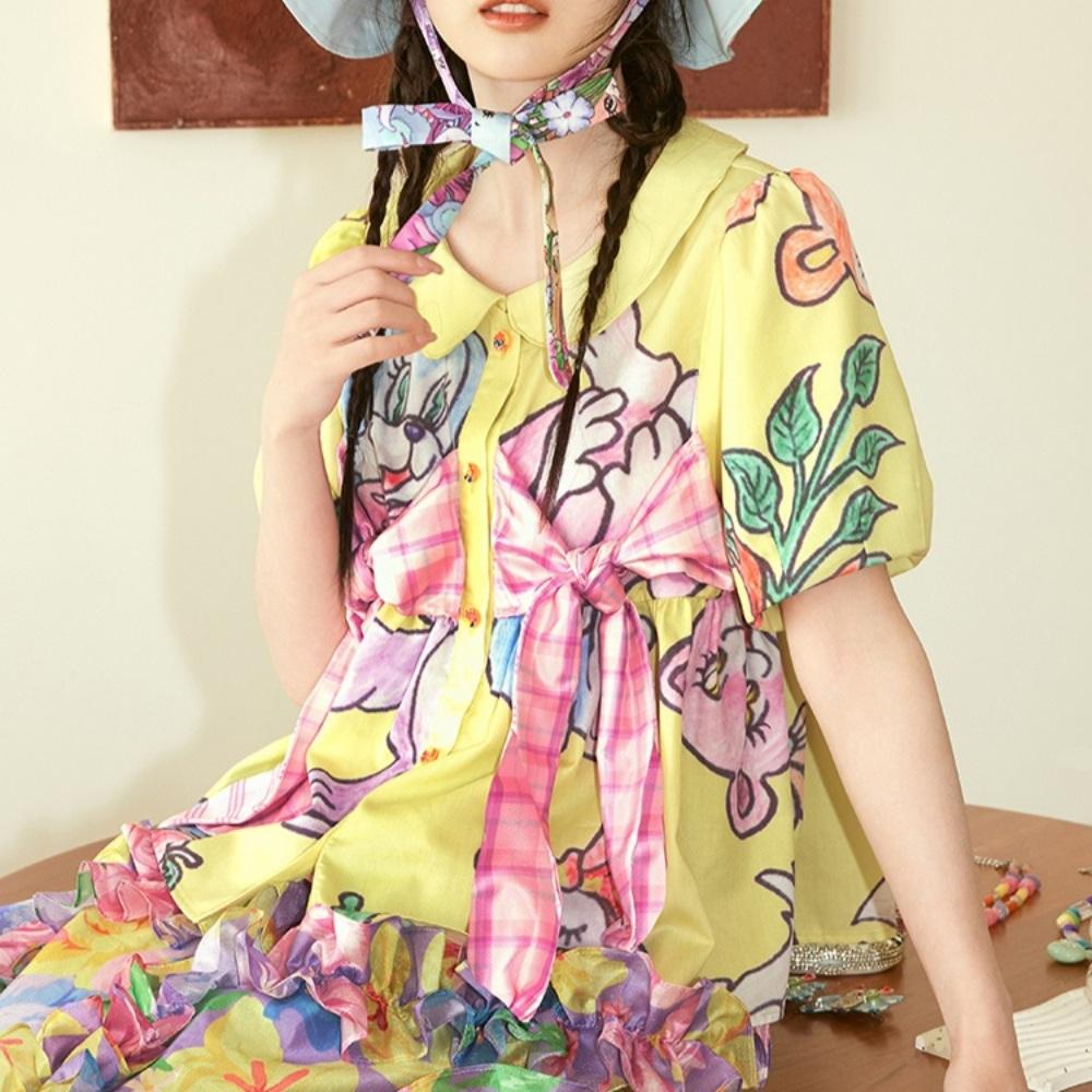 TNTNTUTU 퍼프소매 반팔 블라우스 프린팅 리본 체크 둥근카라 노란색 셔츠