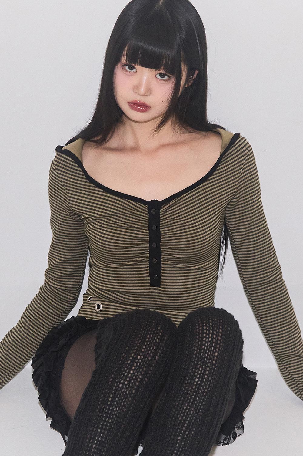 레이어 스트라이프 후드 카키