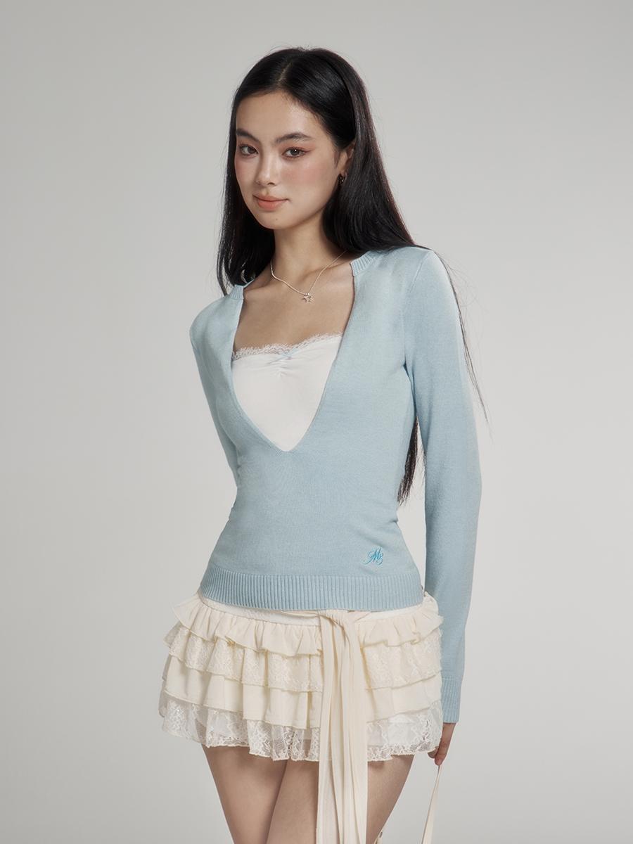 [MESS STUDIO] Lace Sleeve Layered Knit