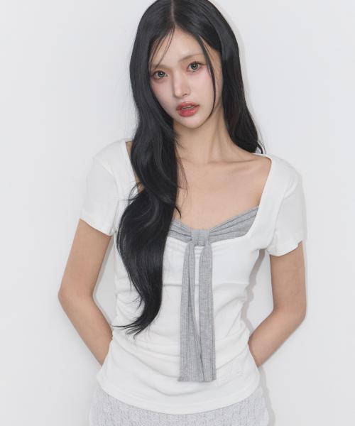레이어드 리본 타이 티셔츠 화이트