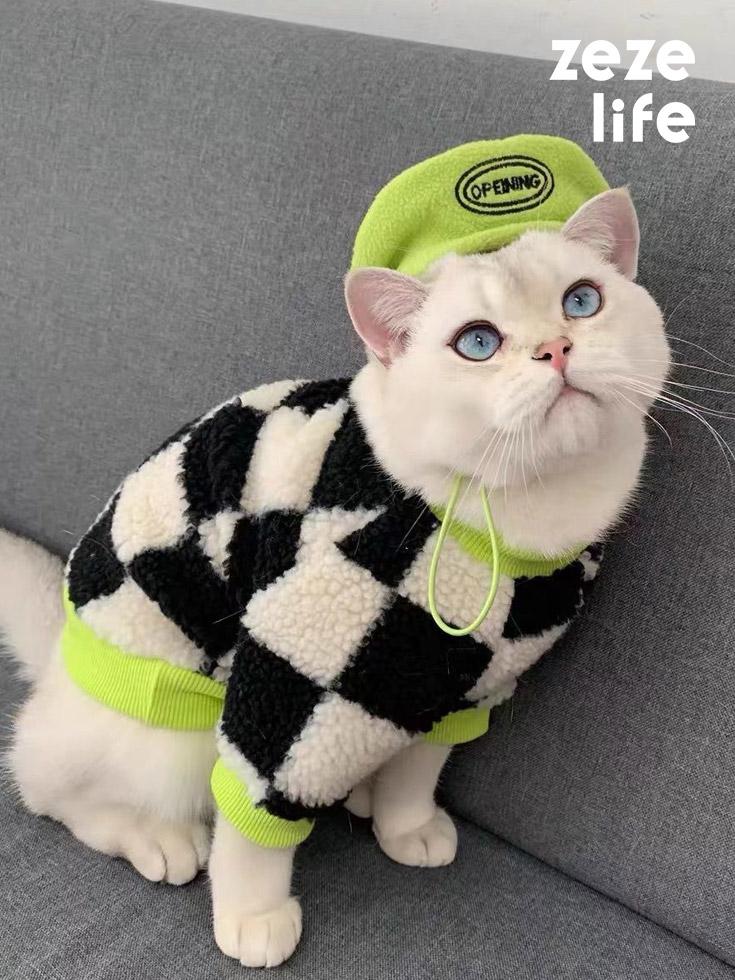격자 무늬 폴라 플리스 고양이 옷