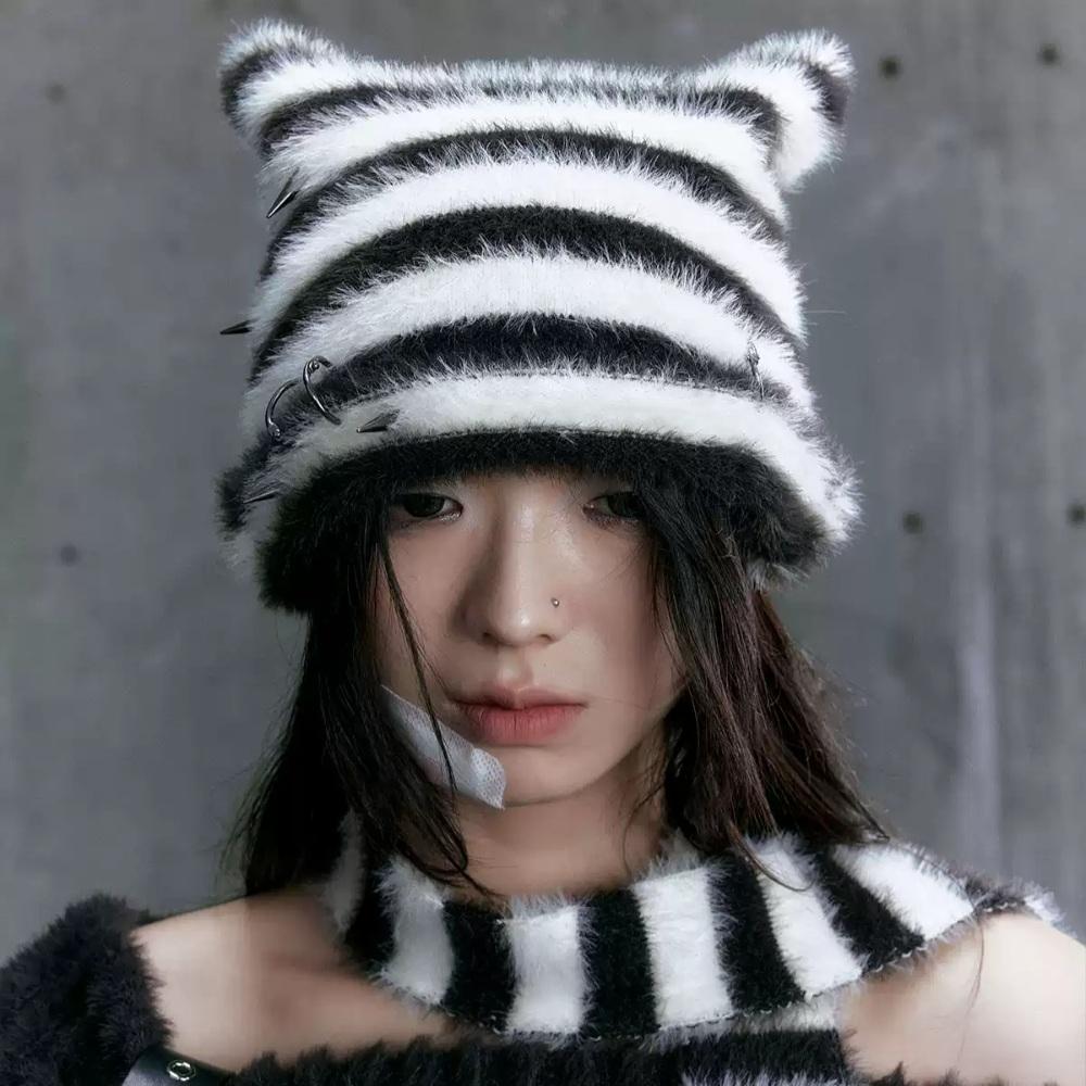 Cest Nous 고양이 비니 스트라이프 페이크 밍크 캣 모자