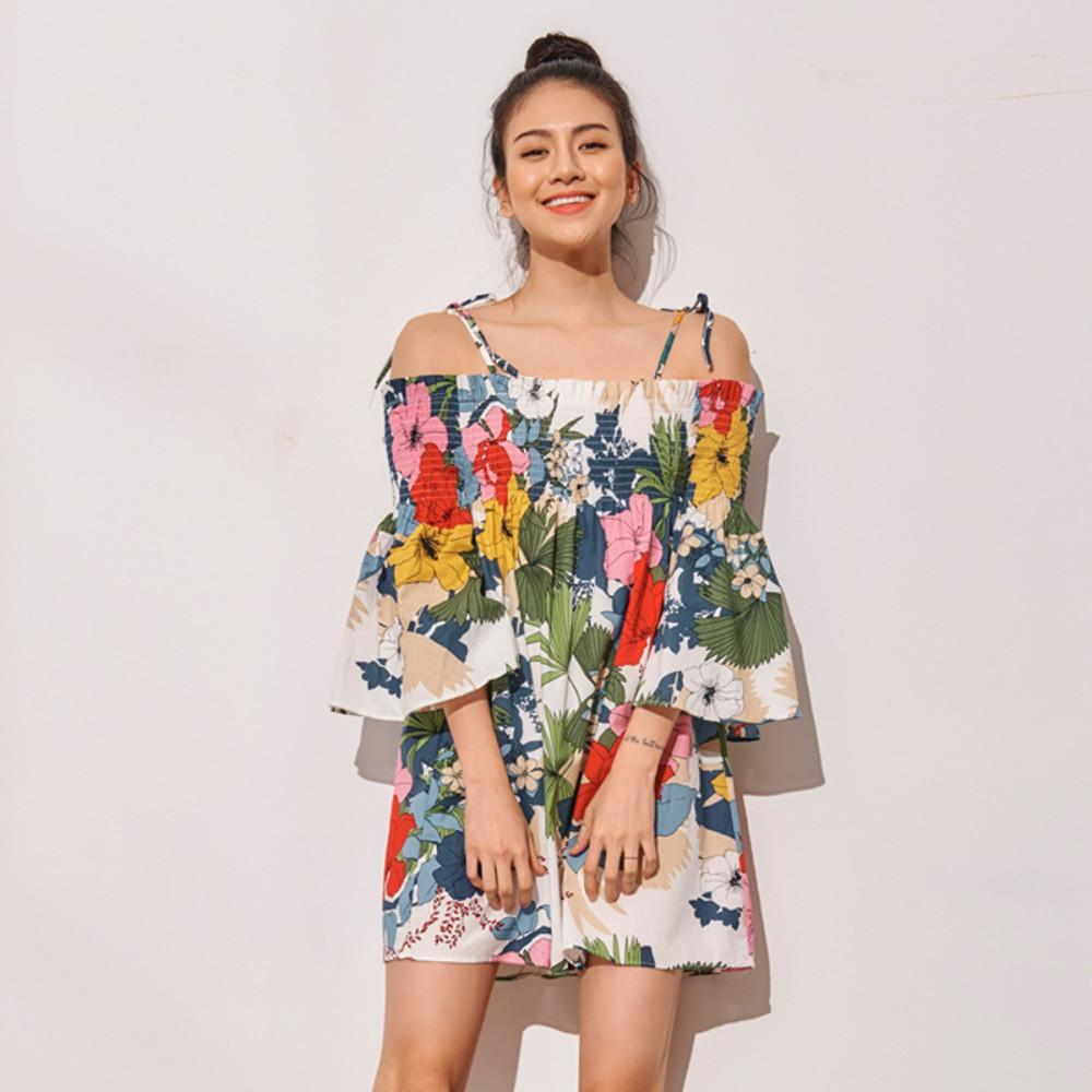 플라워 스모크 오프숄더 미니 원피스