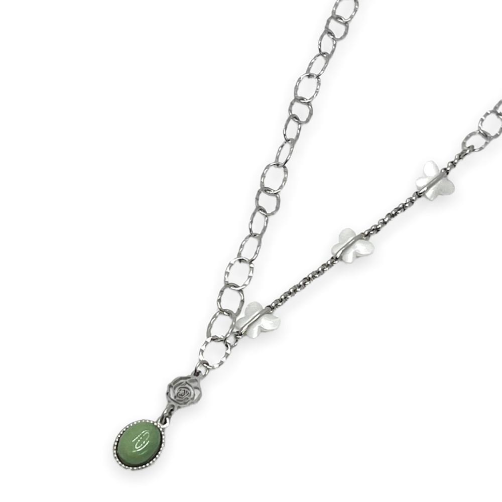 본아웃 연두 원석 장미 꽃 언발 하얀 나비 봄 데일리 써지컬 체인 목걸이